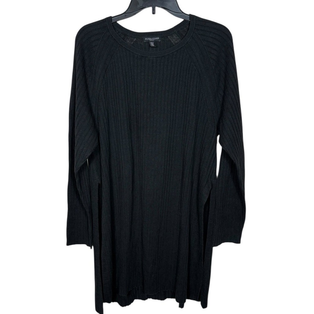 Eileen Fisher Woman Black Ribbed Tunic Sweater 1X Organic Linen/ Cotton